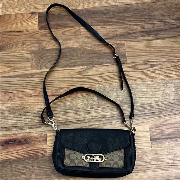 Coach Small Jade Shoulder Bag With Signature Canvas Khaki Black